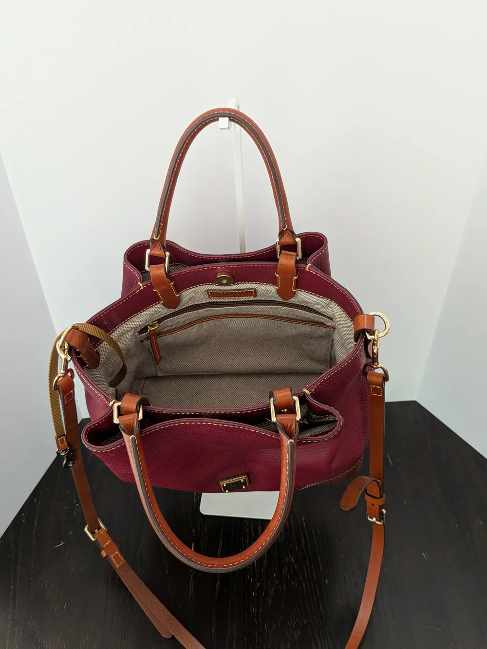Dooney & Bourke Pebble Leather Bordeaux Bag with Brown Trim